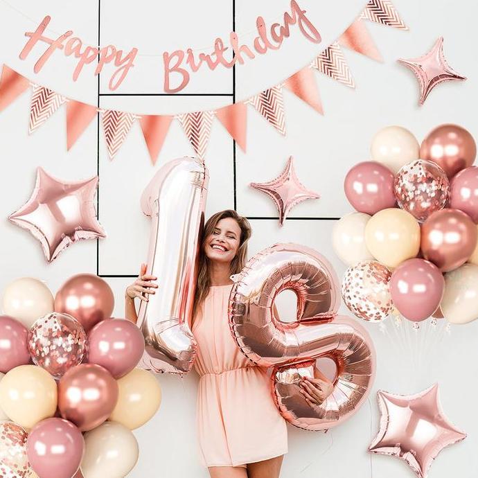 35 Pcs Balon Foil Bintang Mawar Merah Muda Emas Spanduk Set Untuk Dekorasi Pesta Ulang Tahun