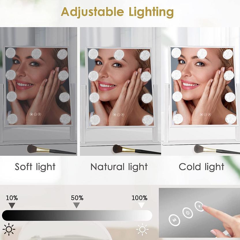 Cermin Rias dengan Lampu LED 9 Lampu Tombol Touchscreen dengan 3 Jenis Cahaya dengan Kaca Pembesar K