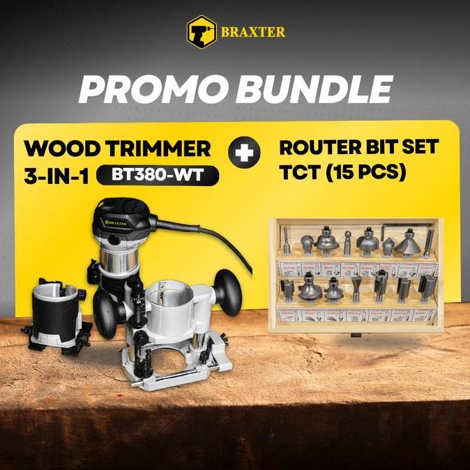 Termurah [Bundle] Wood Trimmer 3 Dudukan Bt380Wt + Router Bit Set Tct 15 Pcs Komplit
