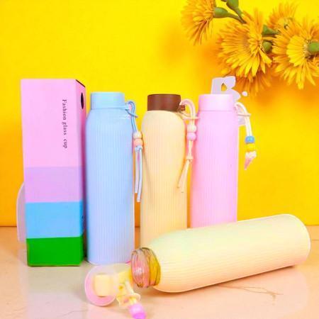 Tumbler Botol Kaca Lapis Plastik Warna Aesthetic Manik Korea Macaron Pastel Tali Gandul 400Ml 2237