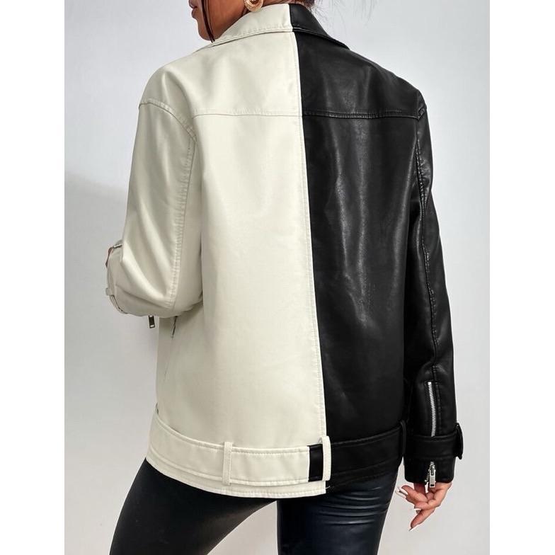 pengiriman cepat Jaket Kulit Wanita Riders Hitam Putih / Leather Jacket