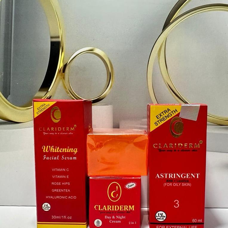 PAKET CLARIDERM WITH TONER MURAH/ ORI SUSUN/SUPER (TONER, SERUM, CREAM, SABUN) free lisptik hare war