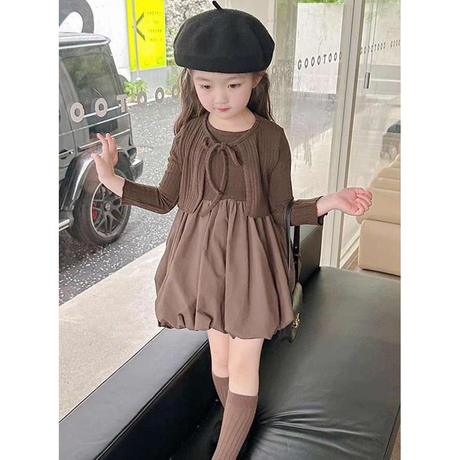 Funny- Angenius Dress Gaun Lengan Panjang Anak Perempuan Knite Garis Polos O-Neck Rok Katun Balon Ma