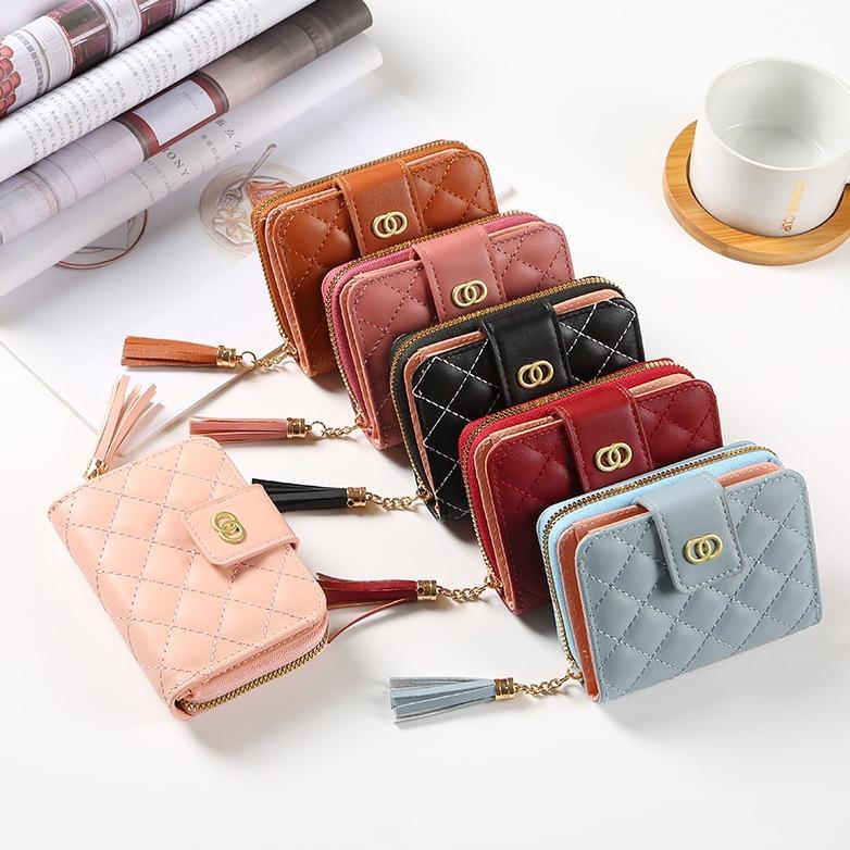 DPS829 Dompet Wanita Pendek Bersulam Berlian Cek Baru Dompet Kulit Wanita Kecil Warna Solid Berkuali