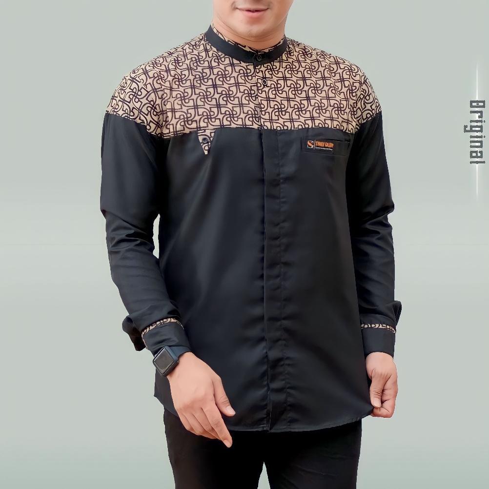 ORIGINAL Baju Kemeja Koko Pria Lengan Panjang Kombinasi Batik Klasik Motif Bima Bahan Katun Toyobo K