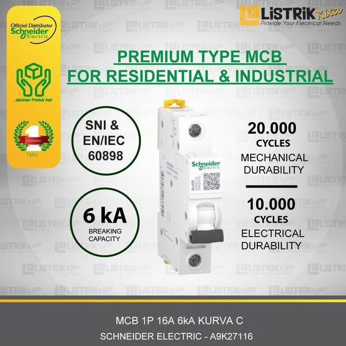 Kit- Mcb Schneider Electric Acti9 Ik60N 1P 16A 6Ka Kurva C - A9K27116