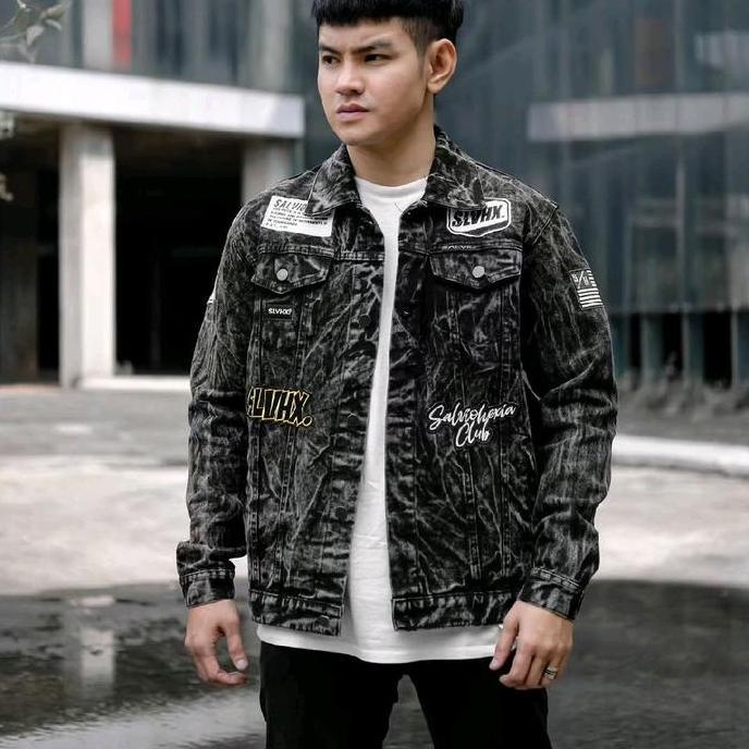TERBARU  Jaket Jeans Distro SLVHX Terbaru Jaket Jeans Pria Bordir Oversize Denim Hitam Unisex Keren 