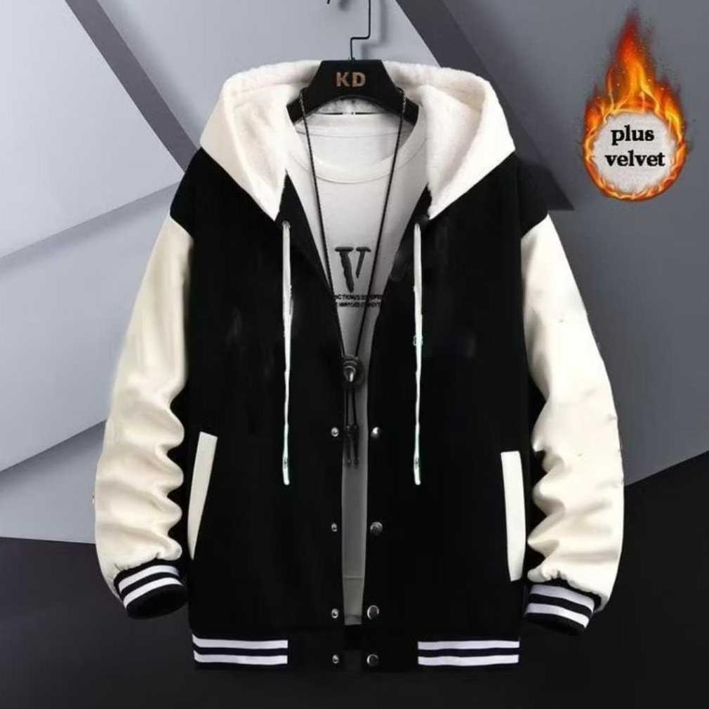NEW PRODUCT Jaket Varsity Baseball Hitam Cream Polos - Jaket Hoodie Varsity Model Kancing Premium Qu