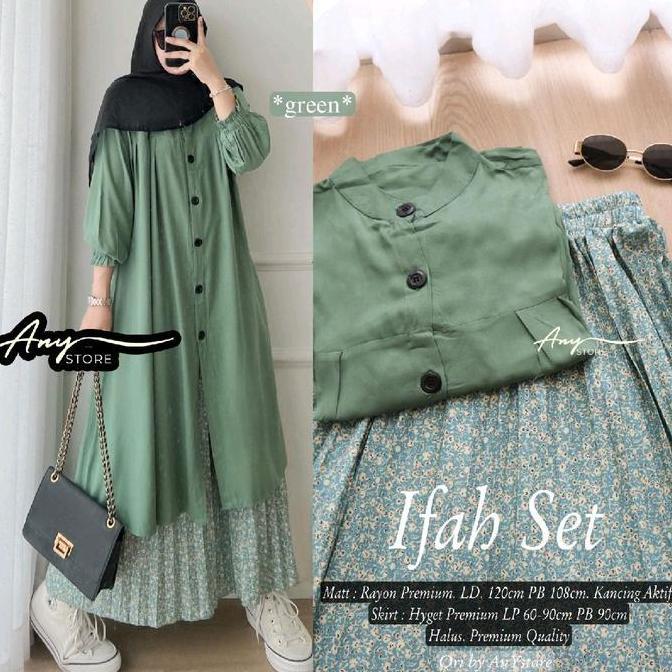 ifah one set tunik dan rok by A.N.Y store long tunik rayon rok plisket motif bunga skirt plisket flo