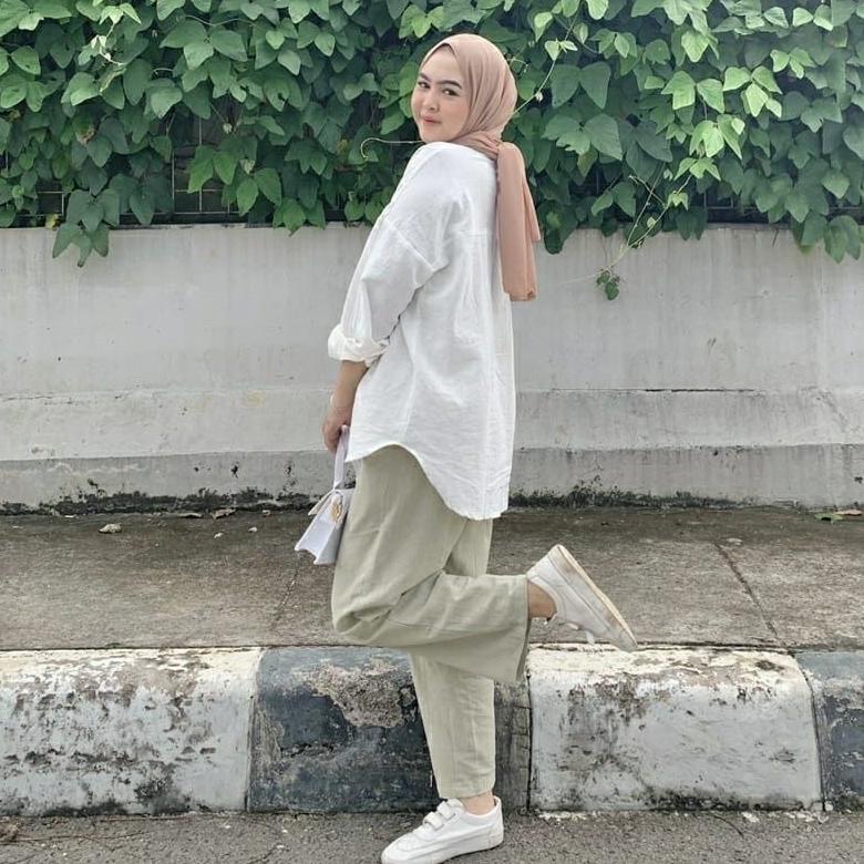 Marka Denim Kemeja Wanita Linen Katun Lengan Panjang oversize Premium Long Shirt Olivia