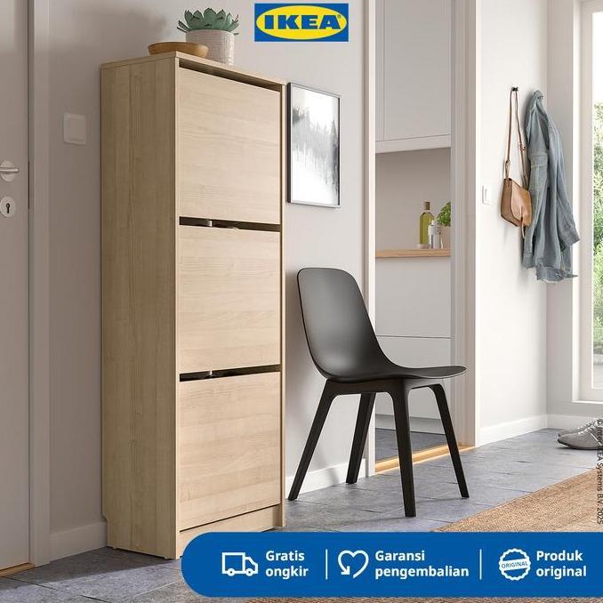 (Good) IKEA BISSA Rak Kabinet Sepatu Dengan 3 Kompartmen Efek Kayu Oak 49x28x135 cm   Furniture