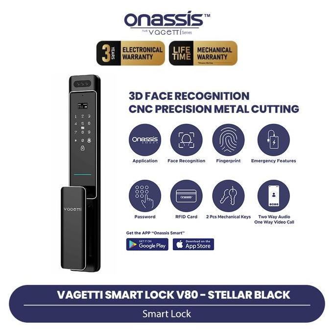 Onassis Vagetti Smart Lock V80 Pro - Kunci Pintu Digital | Face Unlock 3D | Sidik Jari | App Control