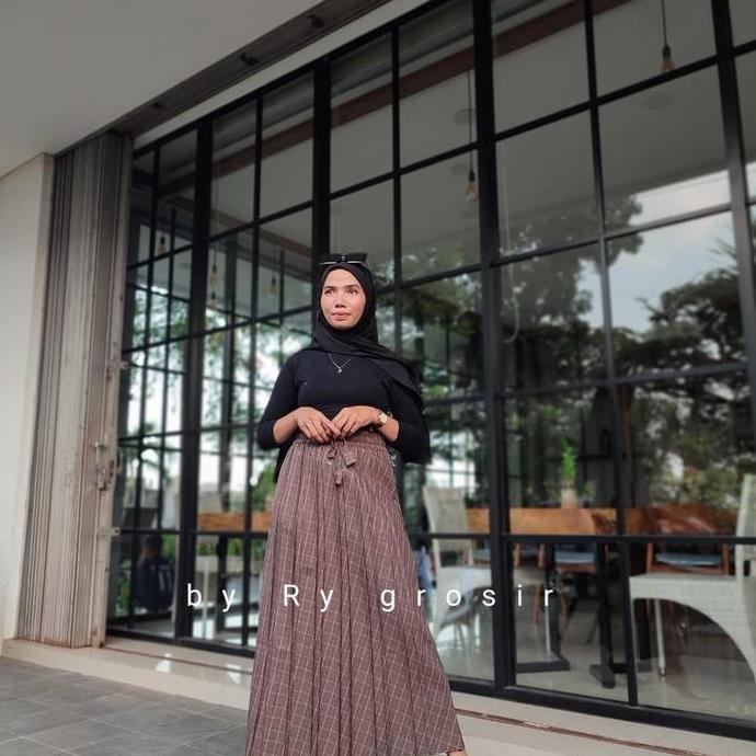 New- Rok Tartan Wanita Motif Kotak Model Plisket  Kekinian Panjang
