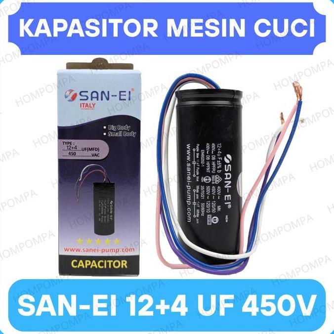 KAPASITOR MESIN CUCI 12+4 UF SANEI ORIGINAL - CAPACITOR MESIN CUCI 2 TABUNG 4 UF + 12 UF 450V HEMAT