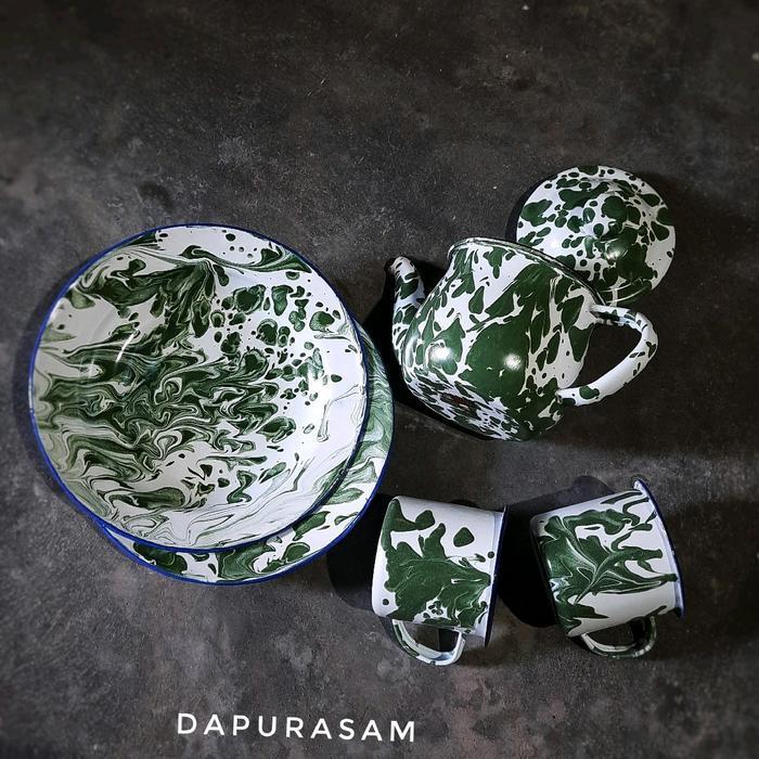 Set Piring dan Gelas Lurik Enamel Jadul Teko Kitchenware Tea tea  set