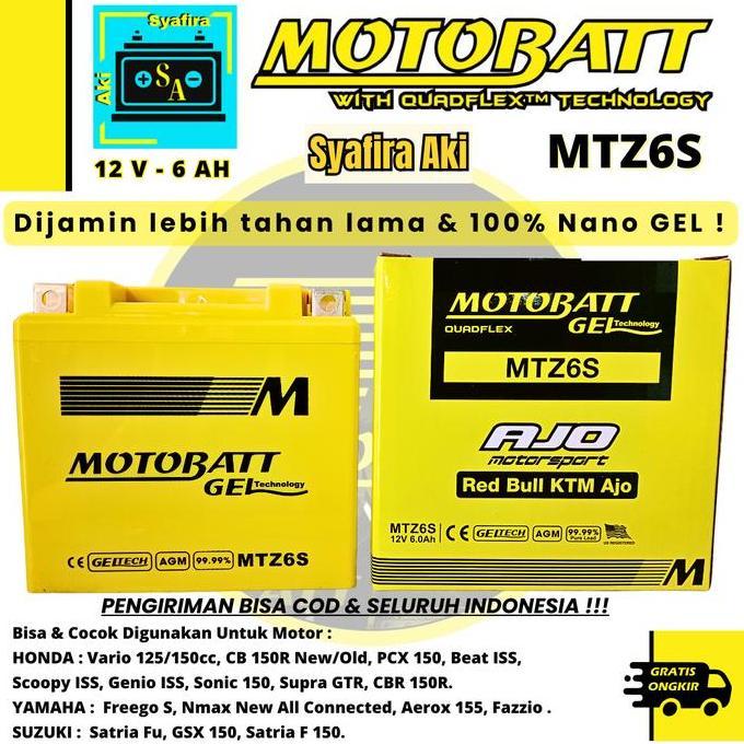 AKI MOTOR CB150R, CBR 150 R, CB150 X, SONIC, GTR 150 MOTOBATT MTZ6S TERBARU