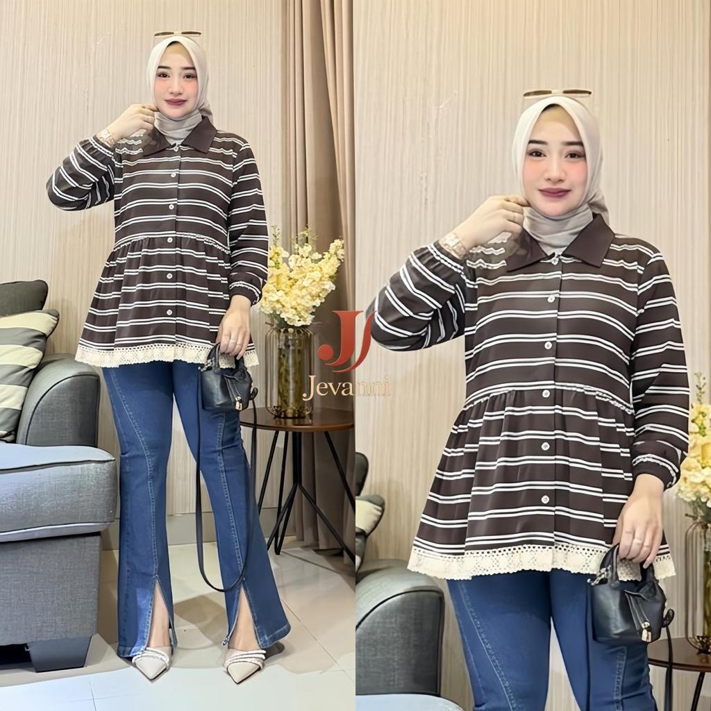 Atasan Stripe Wanita JEVANNI Kombinasi Lace Tunik Remaja Lengan Panjang Casual All Size LD 110