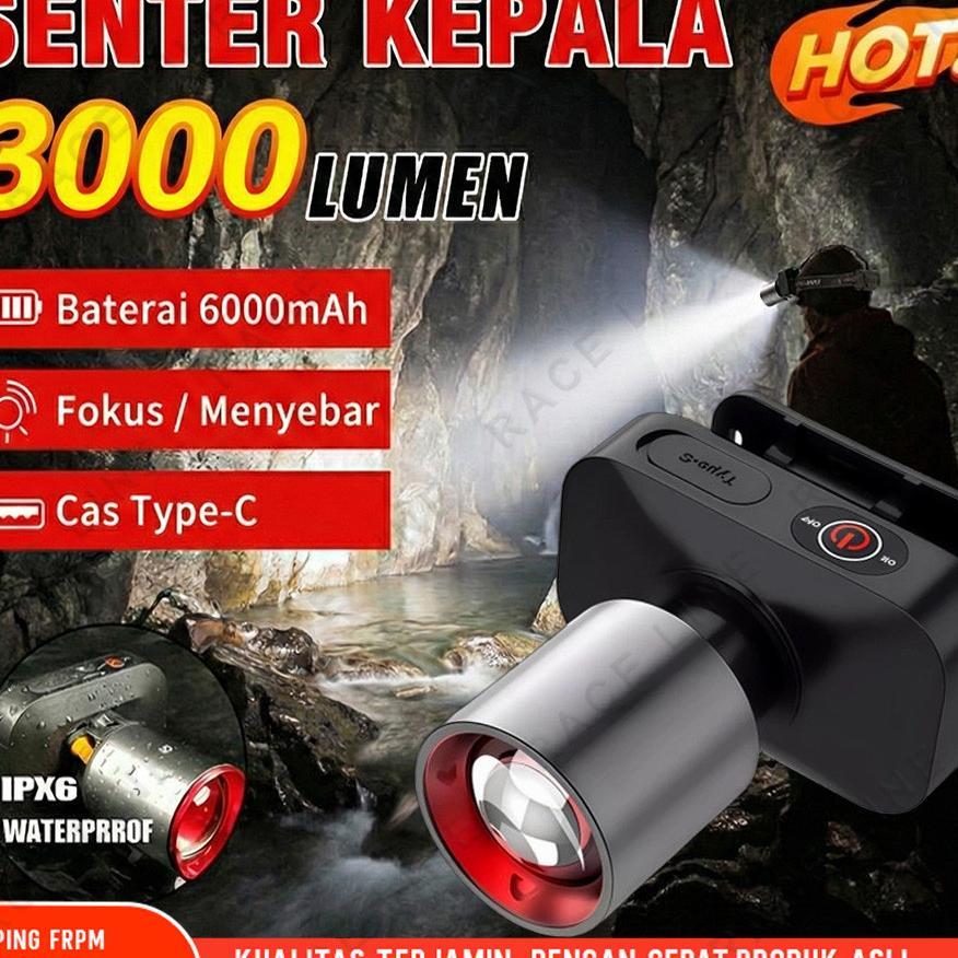 Senter Kepala Super Terang Anti Air Senter Kepala Zoom 3000 Lumen