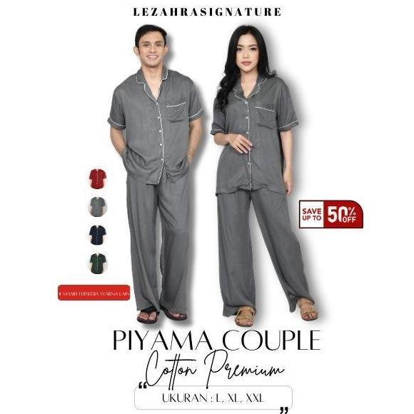 LEZAHRASIGNATURE Piyama Lengan Pendek Couple Pria Wanita Setelan Baju Tidur Katun Premium Adem Size 