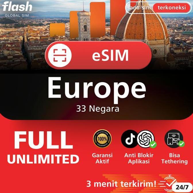 Card - Flash Esim Europe 33 Negara Full Unlimited (Esim Eropa, Esim Paris, Esim Italy, Esim Uk, Esim