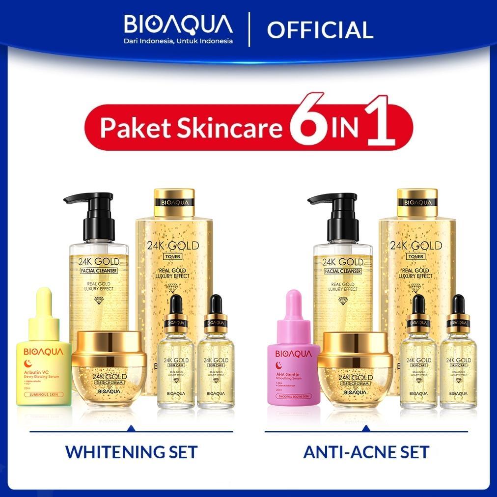 BIOAQUA Skincare 1 Set Lengkap 6pcs With Brightening Serum Wajah / Acne Essence / Day & Night Pelemb