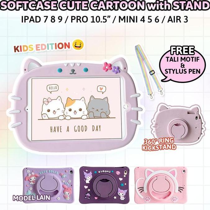 iPad 9 8 7 Pro 10.5 Mini 4 5 6 Soft Case Cute Cat Casing Kucing Stand