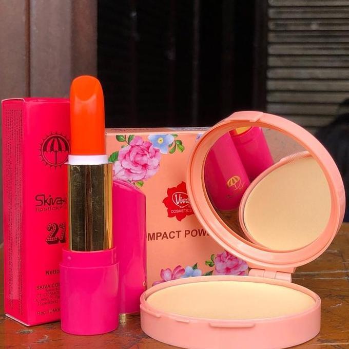 Inventar - Make Up Simple | Kombinasi Compact Powder Kuning Pengantin & Lipstick Skiva | Bpom Wajah 