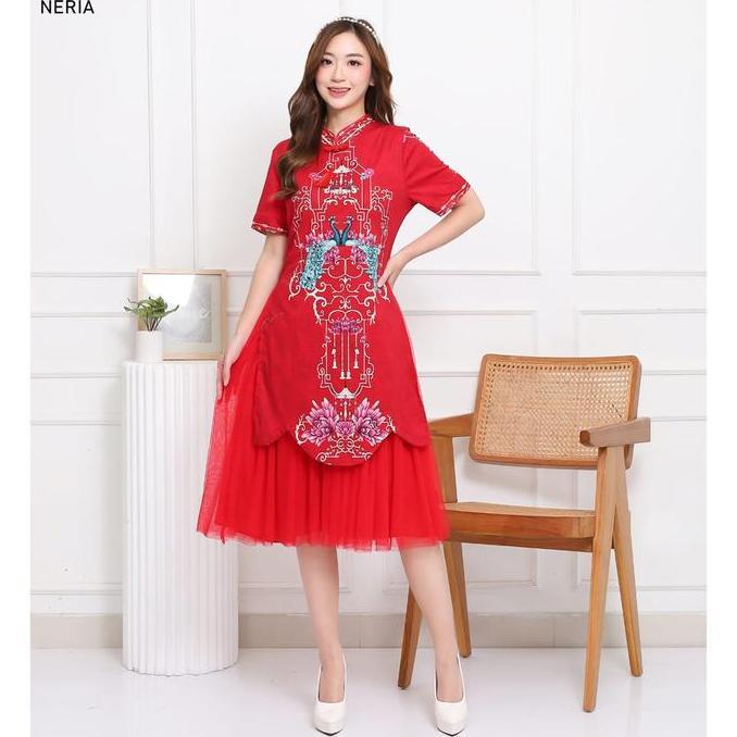 Evercloth Neria Dress Wanita Batik Couple Modern Dress Batik Modern Gaun Pesta Dress Batik Wanita Na