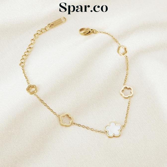 Tine- Spar.Co Gelang Aloha Dua Sisi Mutiara Hitam Bunga Plum Clover Aksess Perhiasan Cewek Emas Tita