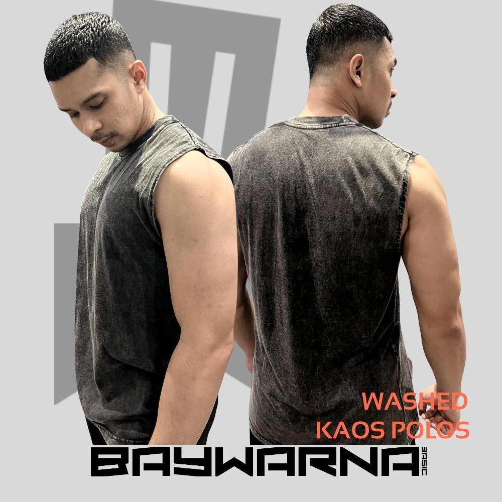 Baywarna Kaos Singlet Washed Polos Oversize Katun Combed24S Washed Unisex Singlet Polos Tshirt