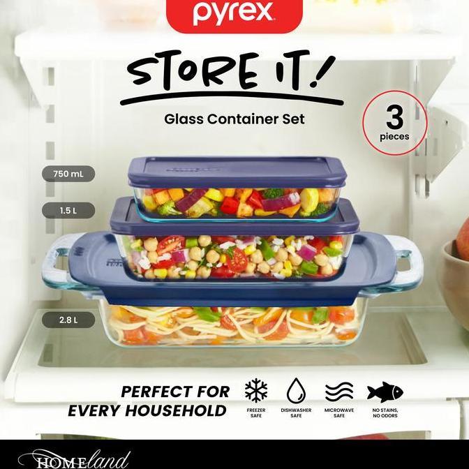 (Good) PYREX Easy Grab Loyang Kaca dengan Tutup Plastik / Kotak Makan Kaca Kedap Udara BPA Free