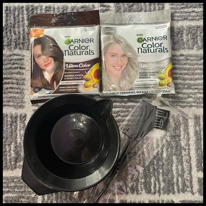Paket Pewarna Rambut Garnier - Golden Brown, Ash Blonde, Mangkok Cat, Sisir Cat Promo