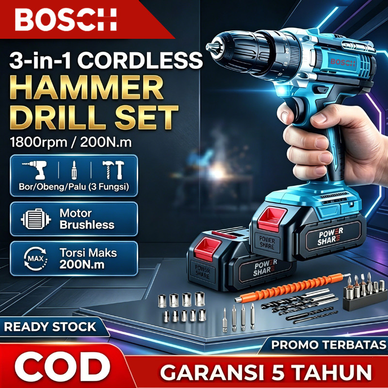 [BSH] Mesin Bor Baterai 3 in 1 Cordless Drill 1288V MAX Bor Tembok Baja Ringan Kayu 10mm + 2 Baterai