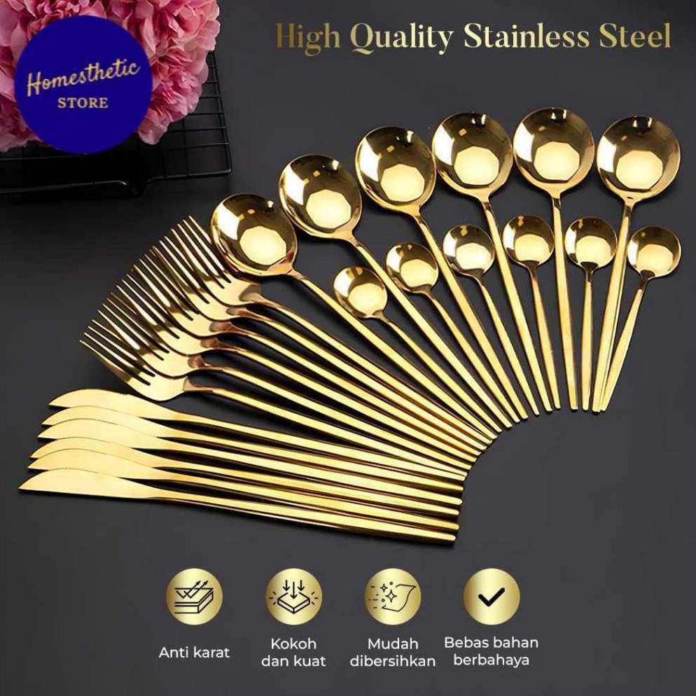 Set Alat Makan Sendok Garpu Pisau Cutlery Western Style Korea Mewah Cutlery Premium Set 24 PCS Warna