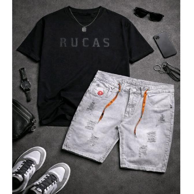 DISKON RUCAS Setelan Pria Hitam T-Shirt & Celana Jeans Pendek Abu-abu dengan Detail Orange Trendy DI