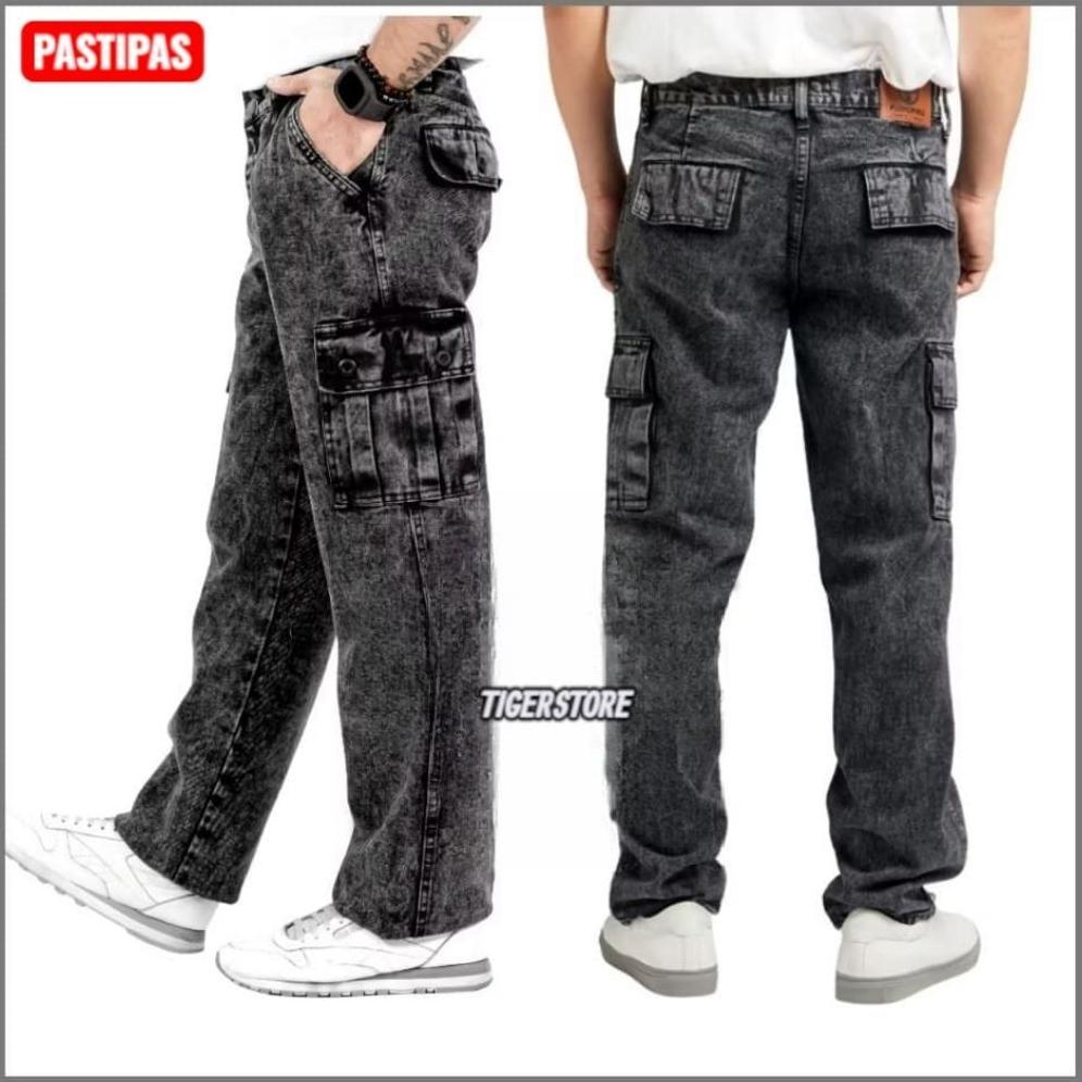 ORIGINAL LONG CARGO PANTS JEANS PRIA LOOSE FIT  NSTRECH REGULAR CARGO JEANS DENIM BLACK SANDWASH POP