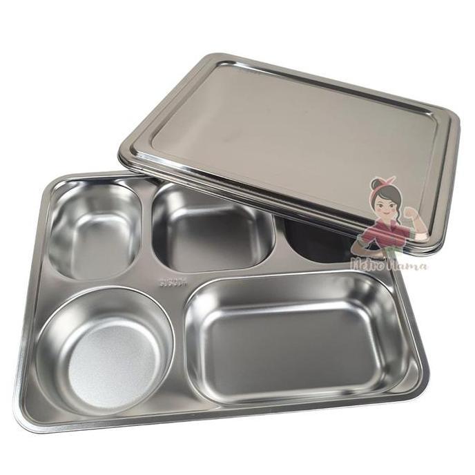 Tray Wadah Tempat Makan Stainless 4 & 5 Sekat 6cm 304 Ompreng Tebal Tutup Plastik Stainless Catering