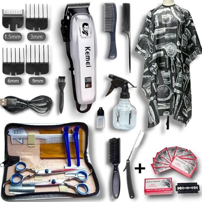 ALAT CUKUR LENGKAP SATU PAKET ORIGINAL KEMEI || BARBERSHOP/USAHA PANGKAS/SALON tidak tanpa kabel mes