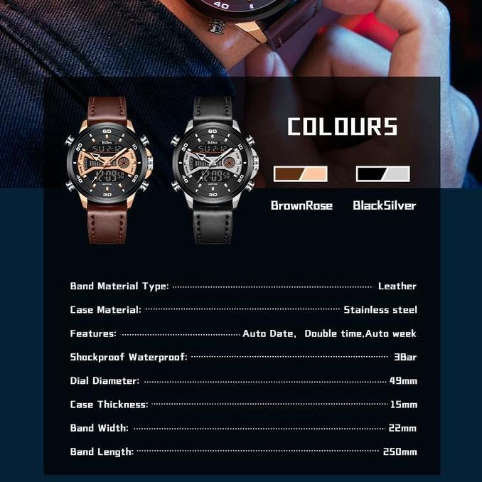 Clock- Biden Jam Tangan Pria Olahraga Tahan Air Jam Analog&Dital Tali Kulit Minggu/Tanggal/Ktu Ganda