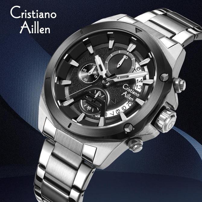 Clock- Cristiano Aillen Jam Tangan Pria Analog 8896 Rantai Stainless Steel Chronograph Kaca Sapphire