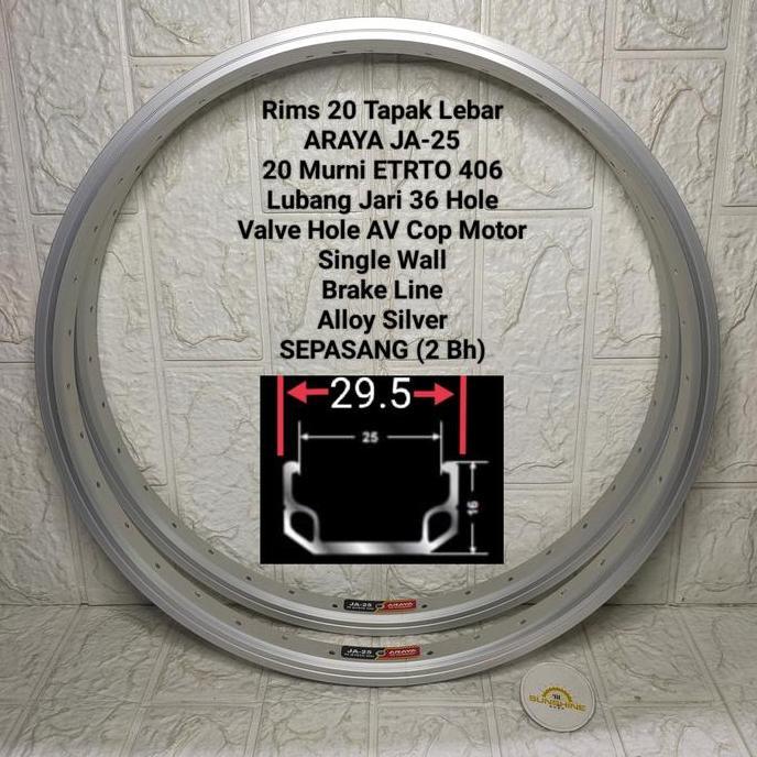 Rims Velg Bmx 20 Murni Araya Ja25 Etrto 406 Lubang 36H Rim Alloy Single Wall Tapak Lebar Silver Sepe