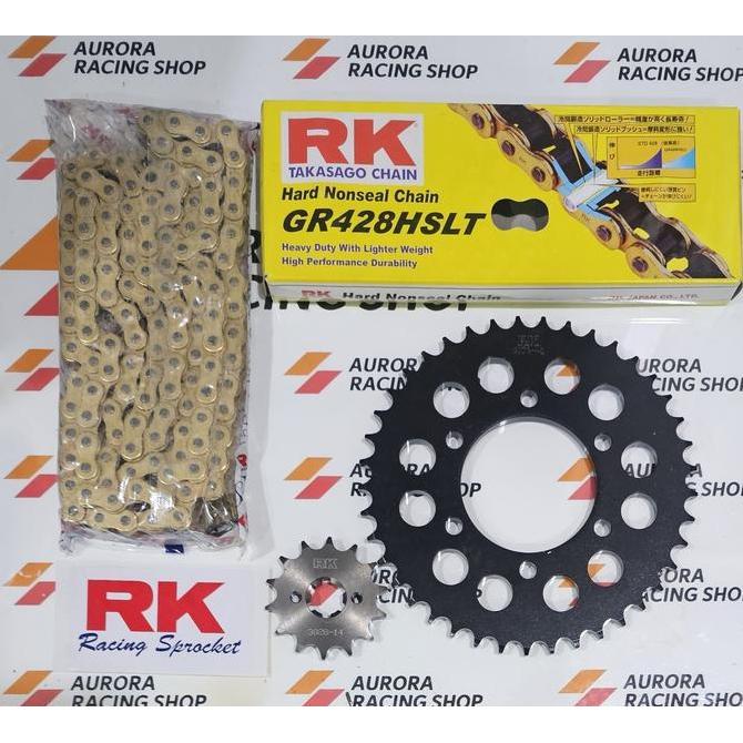 GEAR SET RK 428 BLACK NINJA 150 R - SS - RR & RANTAI RK  428 HSLT GOLD ORIGINAL RK TAKASAGO