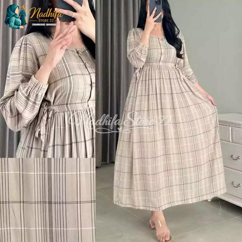 FLASH SALE TERLARIS MIDI DRESS MOTIF KOTAK ALUNA GAMIS KATUN JUMBO KEKINIAN LEMBUT HALUS DAN NYAMAN 