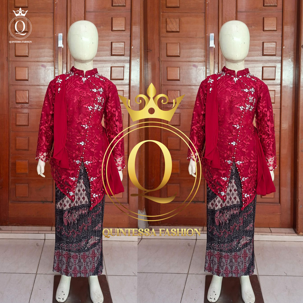 Setelan Kebaya Janggan Anak Perempuan Baju Kebaya Merah Motif Bunga Dengan Batik , Setelan Muslimah 