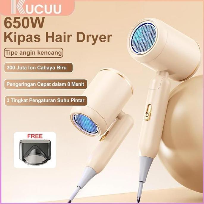 KUCUU Hair Dryer Pengering Rambut Low Watt - Negative Ion Portable  Biru Low Watt (Tipe angin kencan
