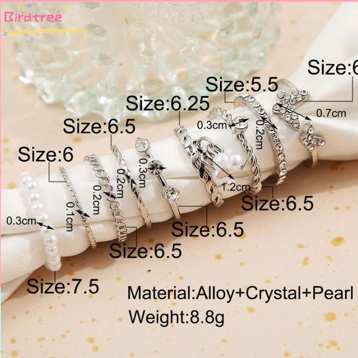MURAH COD 9 PCS Cincin Set Korea Fashion Mewah Mutiara Kristal Kupu-kupu Berlian Tipis Berongga Prem