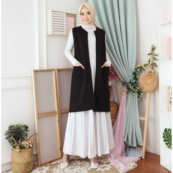 NEW Long cardigan tanpa lengan premium/ outer wanita kekinian warna hitam putih polos/murah promo- b
