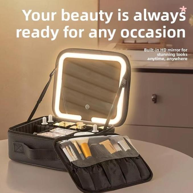 Tas Makeup Dengan Lampu LED  Make Up Box /Tas Kosmetik /Kotak Kosmetik /Beauty Case/2Tingkat /Kotak 