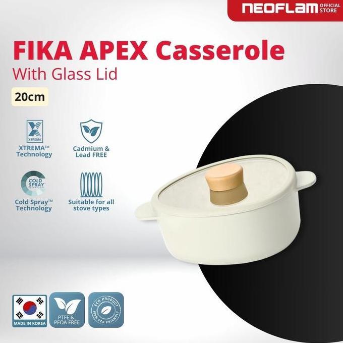 NEOFLAM FIKA APEX Casserole 20cm with Glass Lid Ivory- Panci Anti Lengket & Tahan Gores, Ceramic Coa