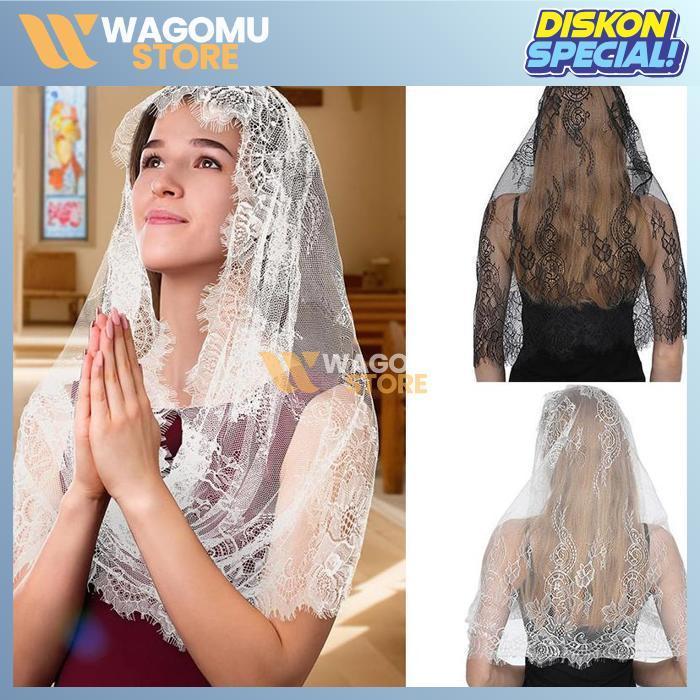 WAGOMU Kerudung Mantilla Polkadot Hitam Putih 120x120 Elastis Polyester Tipis untuk Doa Misa Sehari-